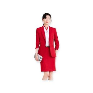 JONES NEW YORK 2PC Red Polyester Lined Pleated Skirt Suit  - Size 10